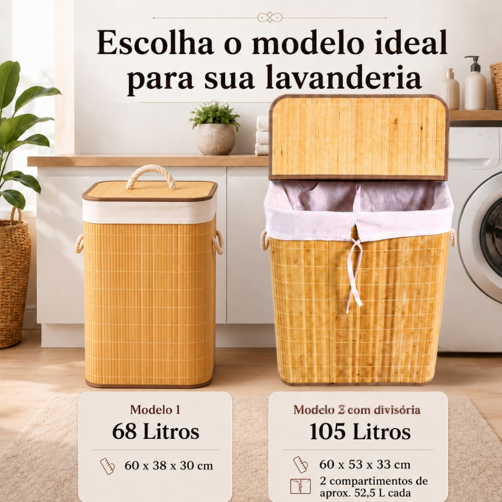 Cesto De Roupa Suja Bambu Grande Com Divisória Tampa Dobrável 60x52x32 MEK