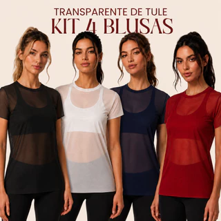 Kit 4 Blusa Feminina Transparente de Tule Manga Curta Camiseta Academia Treino
