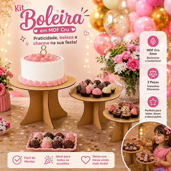 Trio de Bandejas para Festa Decoração Mesa Doces Suportes Boleira Resistente Mdf