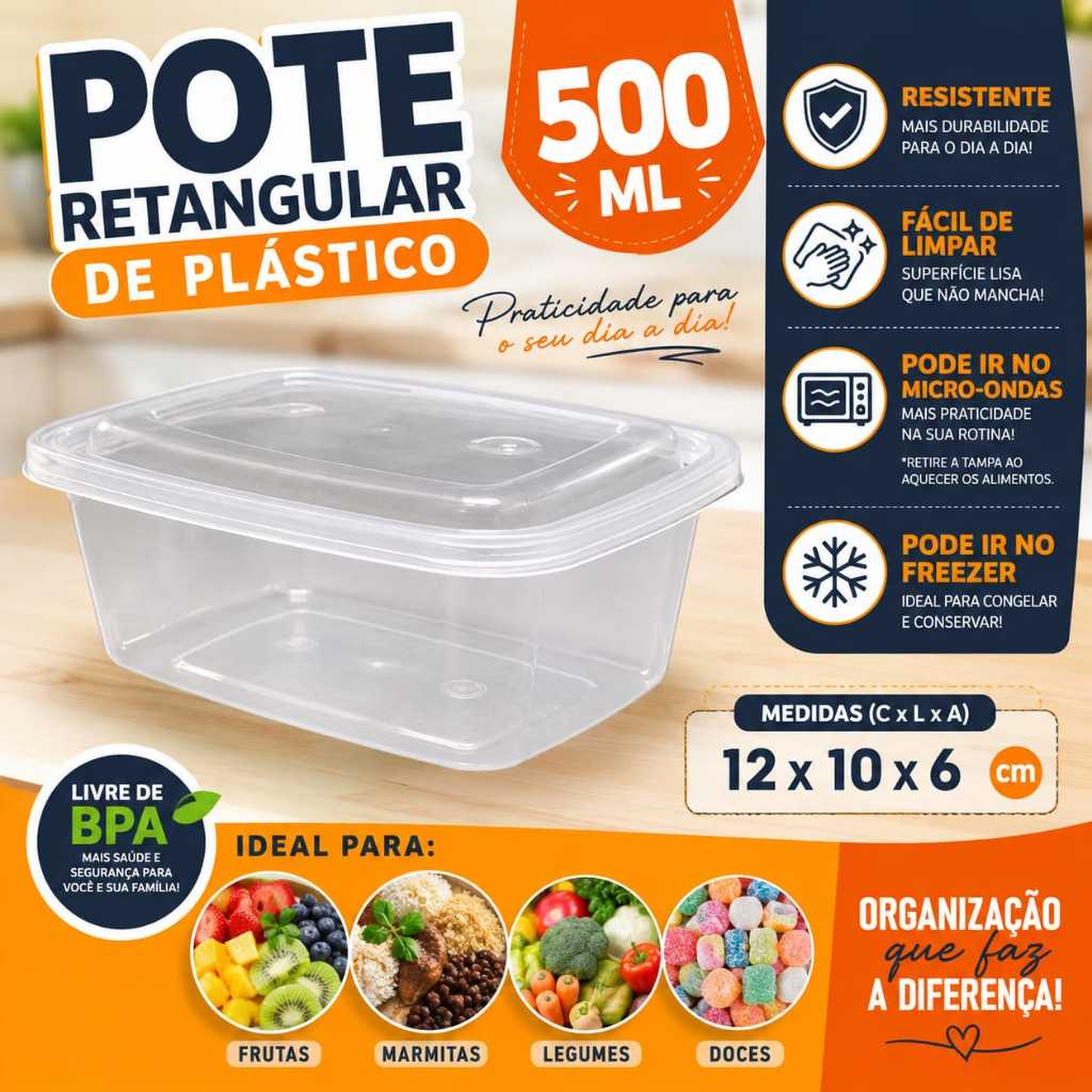 Pote de Plástico 500ml com Tampa Transparente Organizador para Mantimentos, Alimentos, Geladeira e Cozinha  Livre de BPA
