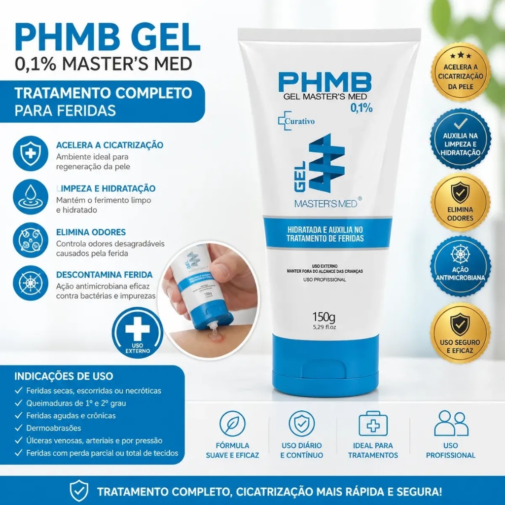 Gel PHMB 0,1% 150g Master´s Med Cicatrizante Antisséptico Hidratante Tratamento de Feridas Uso Profissional e Doméstico