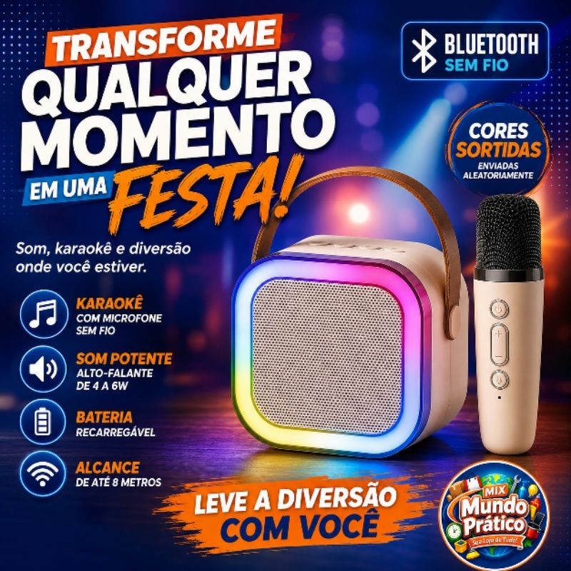Caixa de Som Karaokê Bluetooth Portátil LED Com Microfone K12 Cores Sortidas
