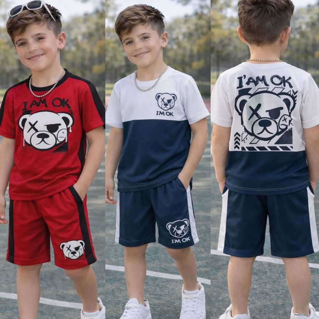Conjunto Infantil Menino Camisa E Bermuda Estiloso Confortável E Fresco Para O Verão Passeios