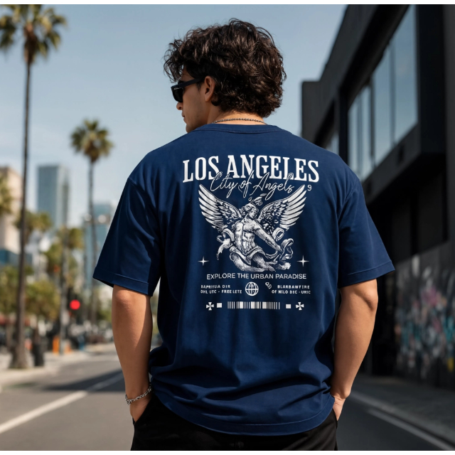 Camiseta 100% Algodão Masculina Los Angeles Streetwear Oversized Costas Moda Urbana Casual Premium