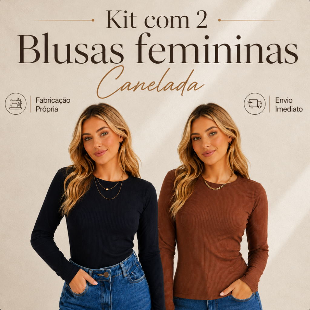 Kit 2 Blusa Feminina Manga Longa Canelada Básica Confortável Qualidade Gola Redonda Segunda Pele Lisa