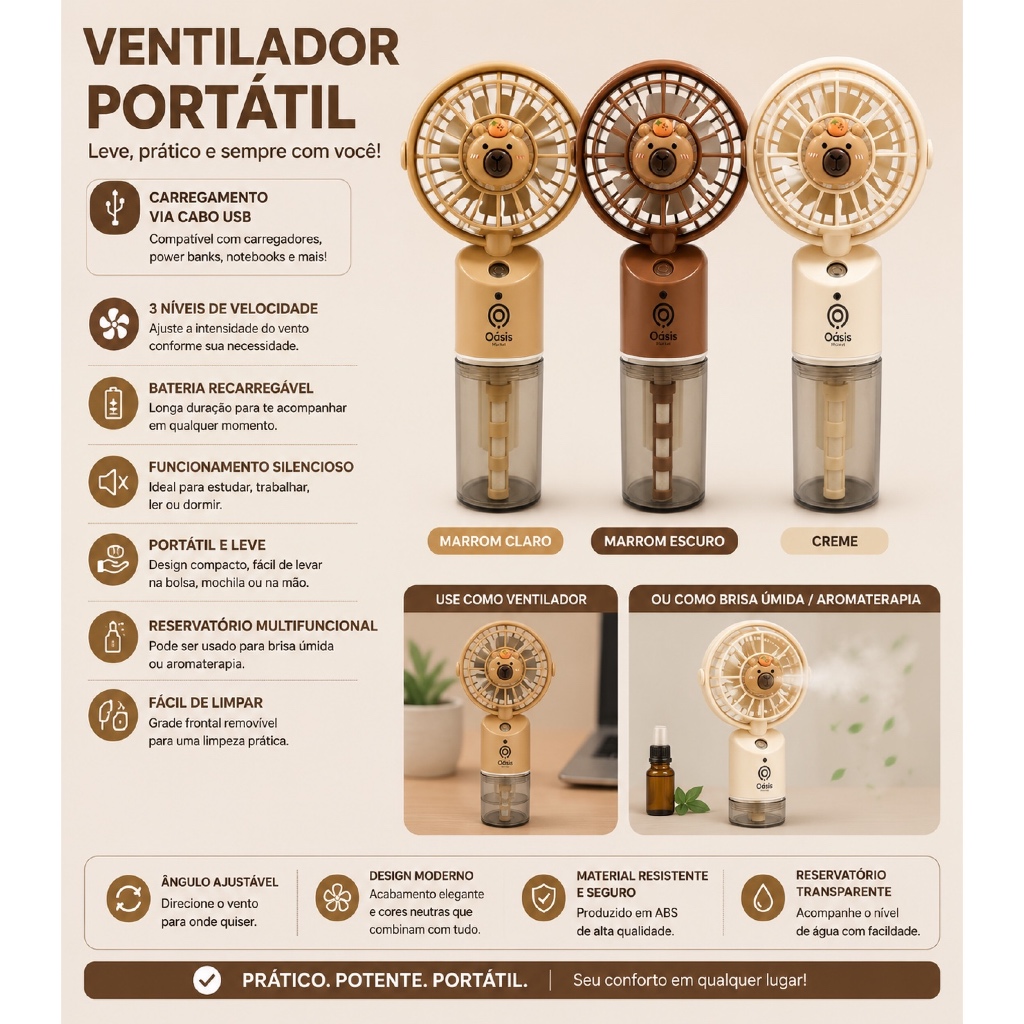 Ventilador Portatil Recarregavel Reservatorio Agua 3 Cores