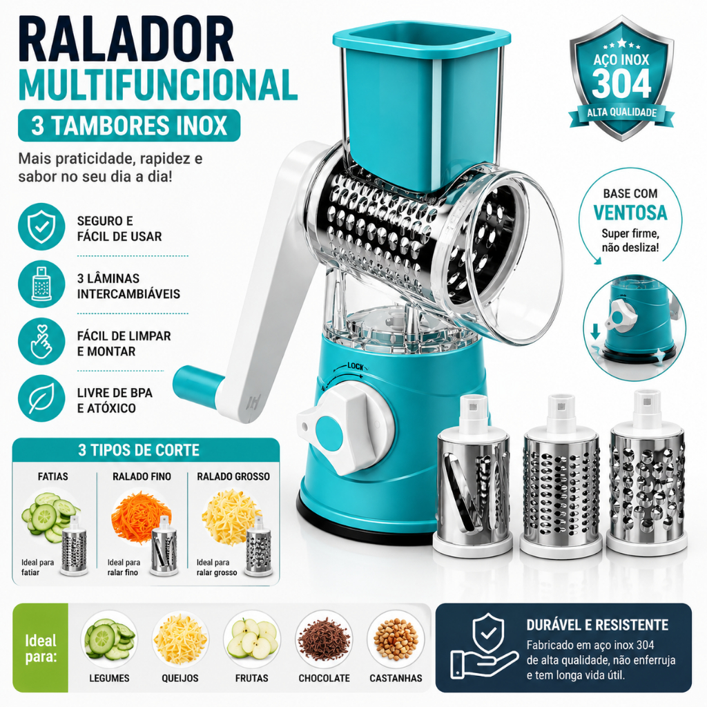Ralador Multifuncional Manual 3 Tambores Aço Inox 304 com Ventosa Antiderrapante