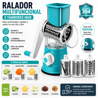 Ralador Multifuncional Manual 3 Tambores Aço Inox 304 com Ventosa Antiderrapante
