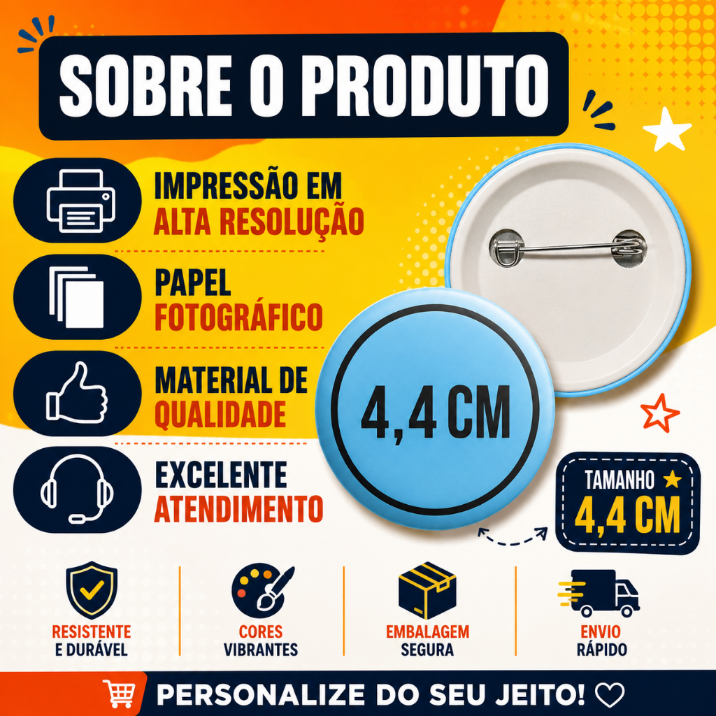 KIT Botton 4,4 cm personalizado - 10 UNIDADES
