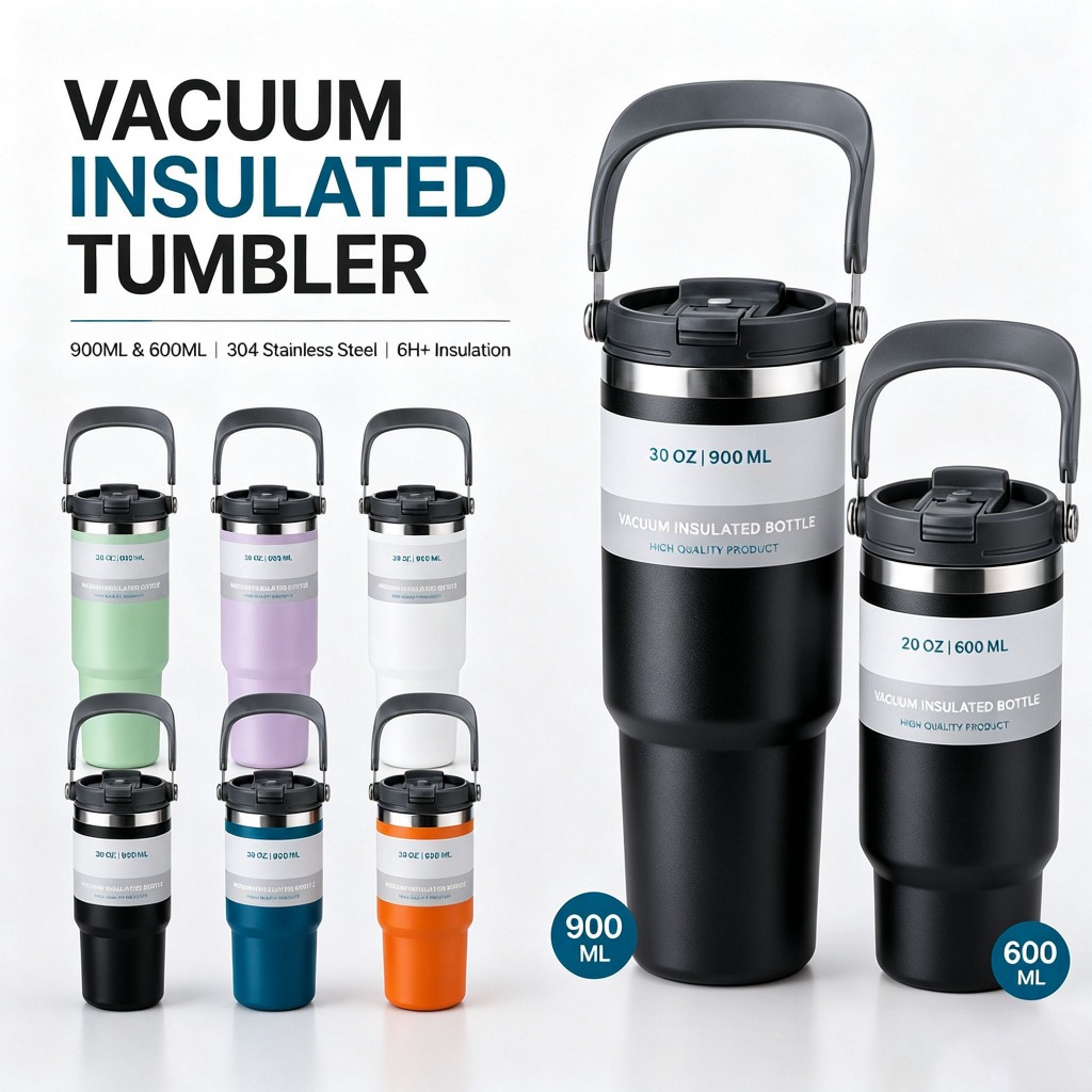 Caneca Térmica Inox com Alça e Canudo – Vácuo, 900ml/600ml, Bebidas Quentes e Frias