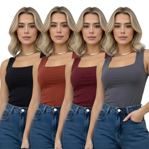 Kit 4 Regatas Feminina Decote Quadrado Suplex Lisa Elegante Tendencia Verão Blogueira Fashion Básico Liso Dia A Dia