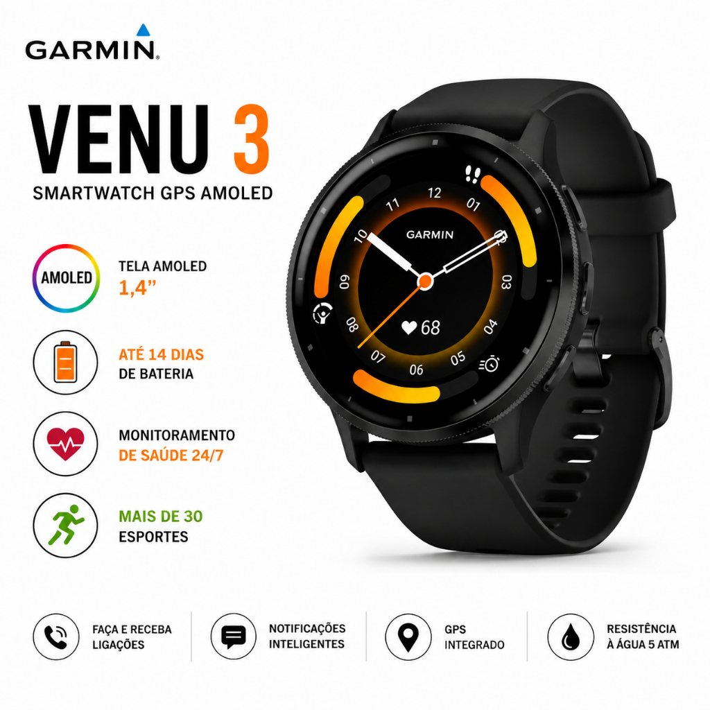 Relogio Smartwatch Venu 3 Preto 45mm Gps Corrida Ligação Original Garantia Nota Fiscal