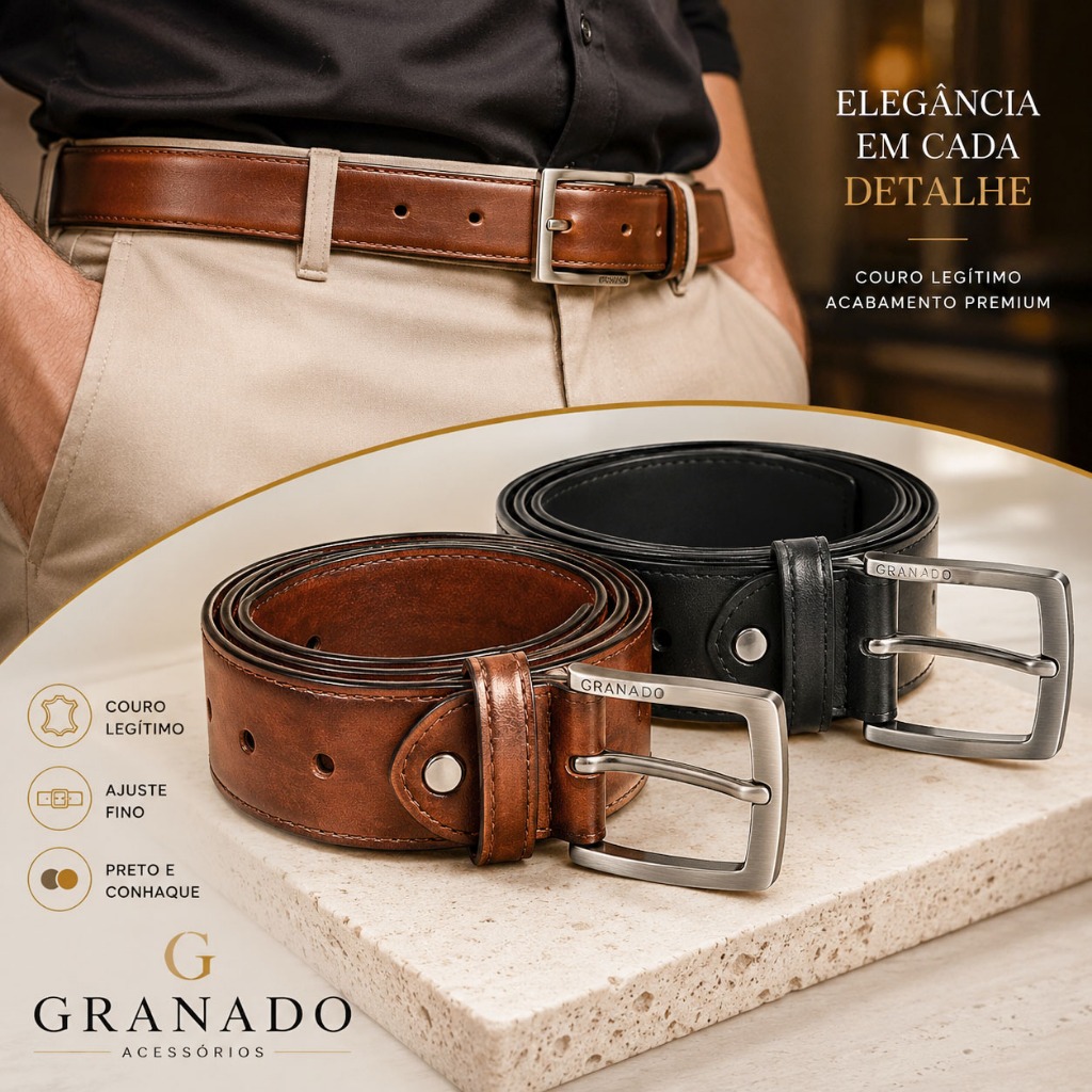 Cinto Masculino Social Couro Legítimo Extra Macio Ajustável Preto Conhaque Premium