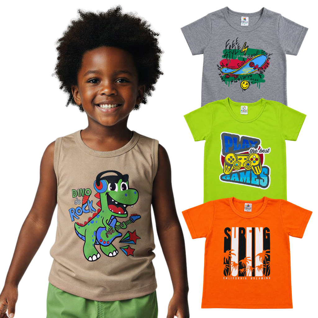 Kit 3 Camiseta Infantil Manga Curta ou Regatas Menino Sortido Blusa Verão Roupa Masculina Bebê