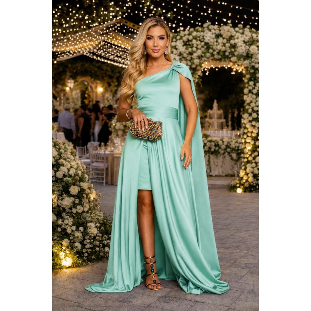 Vestido Nula Manga Capas Longa Festa Casamentos Madrinhas Formatura