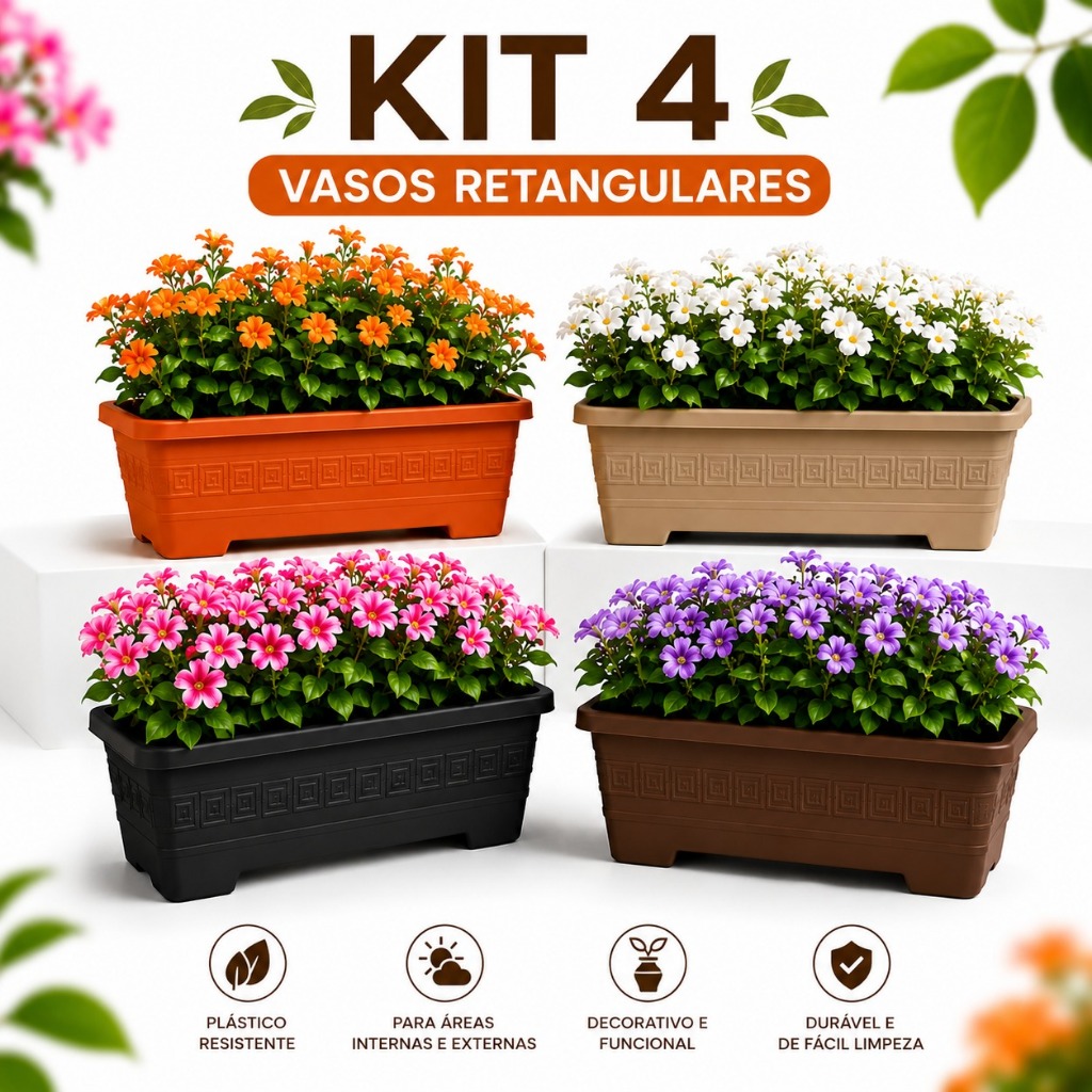 Kit 4 Vasos Retangular Jardineira Floreira Grande 3 Litros Flores Plantas Jardim Casa Coloridos