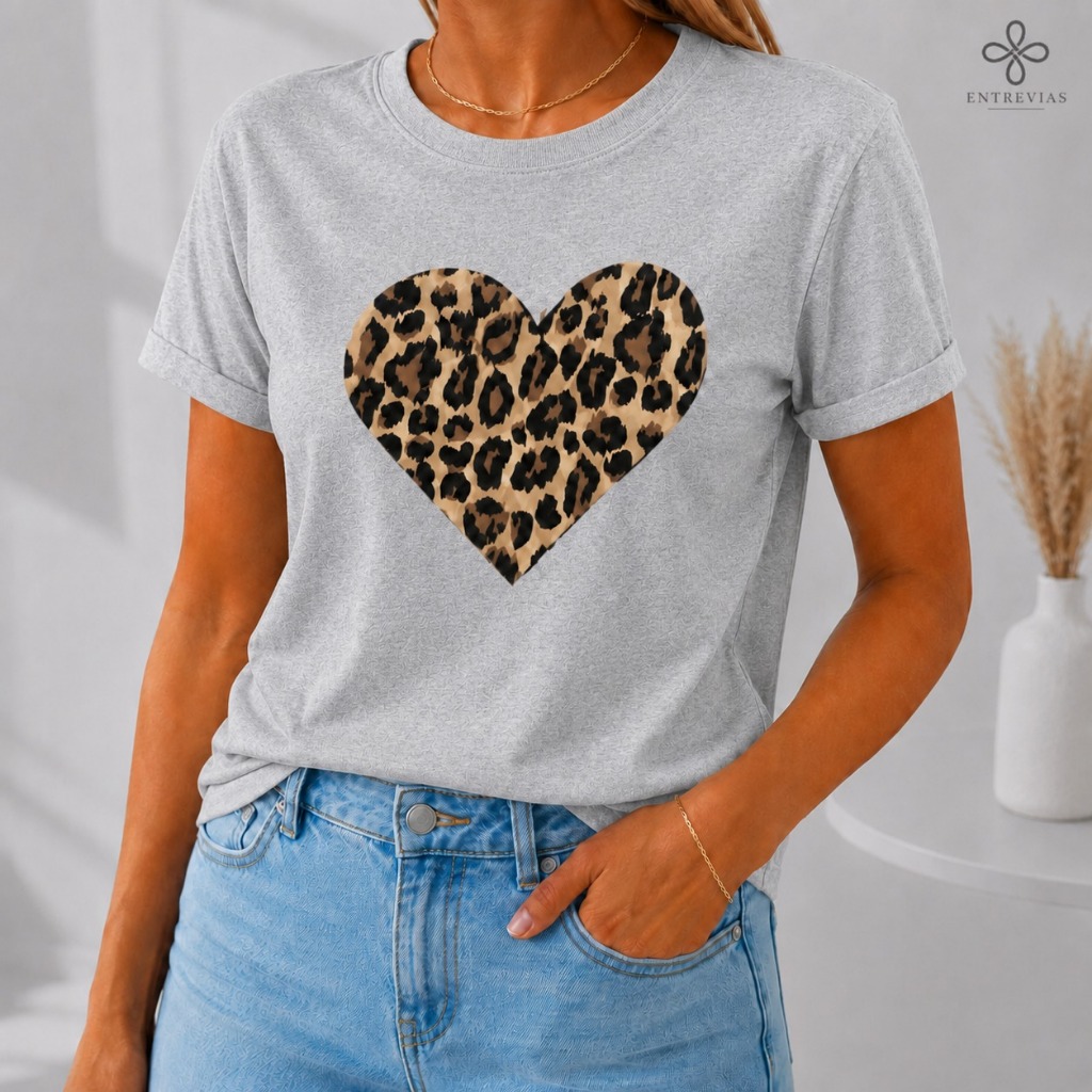 Tshirt Feminina Estilosa Estampada Coração Onça Estampada Lançamento Camiseta 100% Algodão