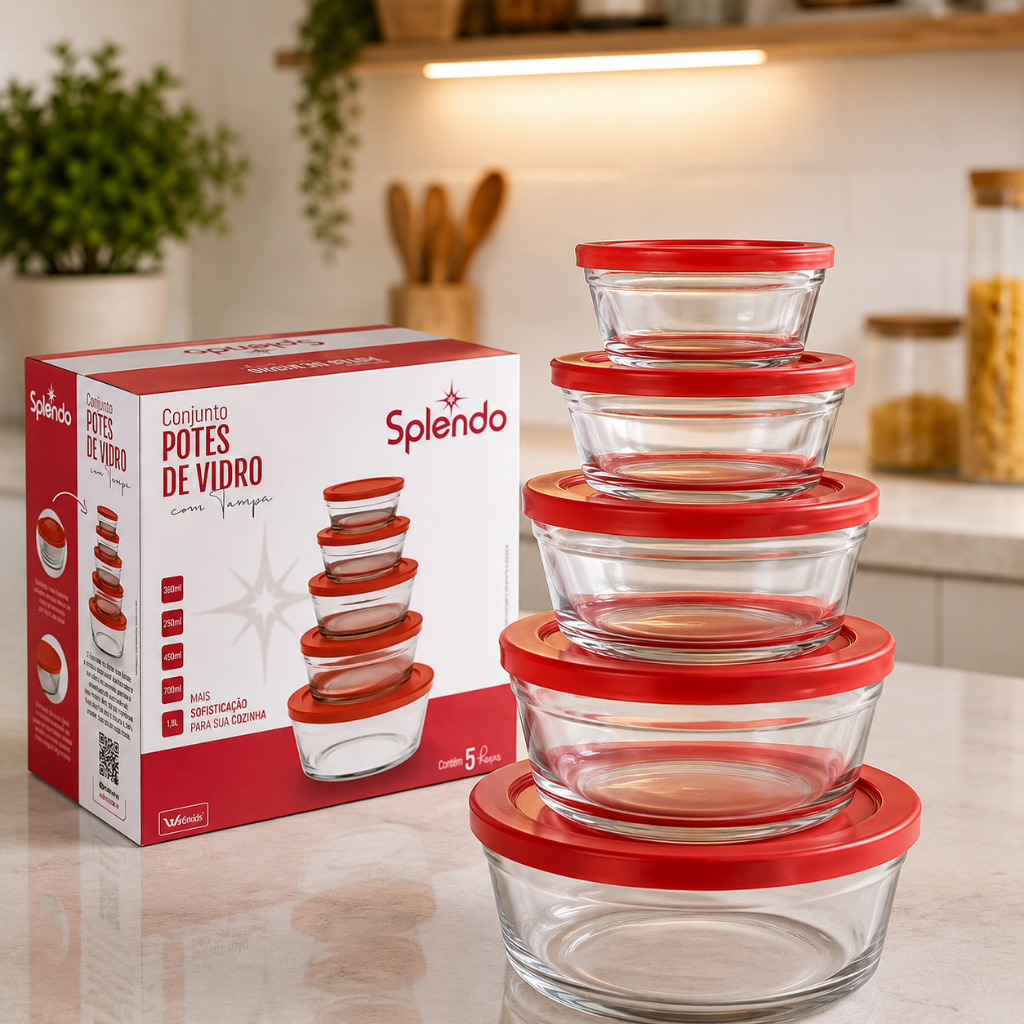 Jogo Kit 5 Pote Tigelas De Vidro Com Tampa Redondo Cozinha