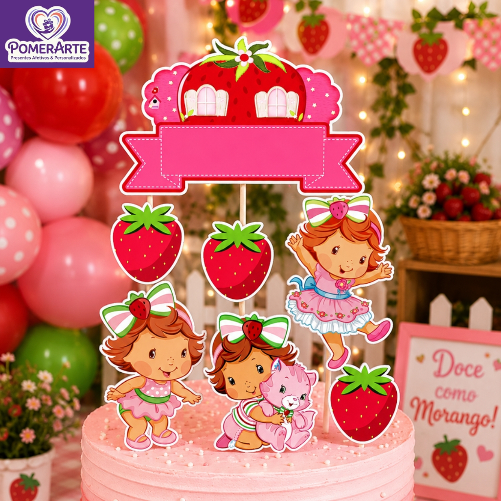 Topo de Bolo moranguinho Personalizado Cake Topper moranguinho cute Aniversário infantil com Nome mesversário