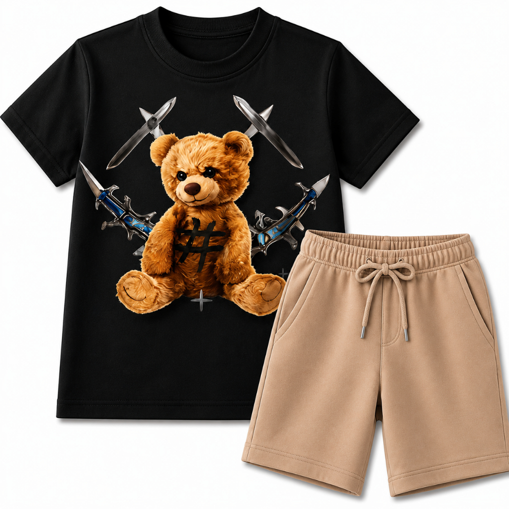 Conjunto Infantil Masculino Camiseta Urso e Short Algodão Menino Verão confortável Moletinho Kids