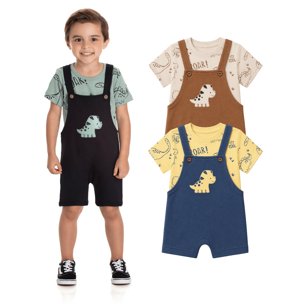 Conjunto Infantil Menino Camiseta Algodão e Jardineira Moletinho Dino 1 2 3