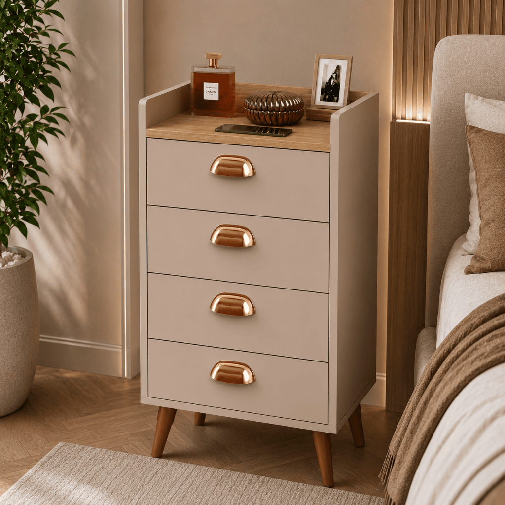 Mesa de Cabeceira com 4 Gavetas Gaveteiro Monet Puxadores Concha criado lateral cama 