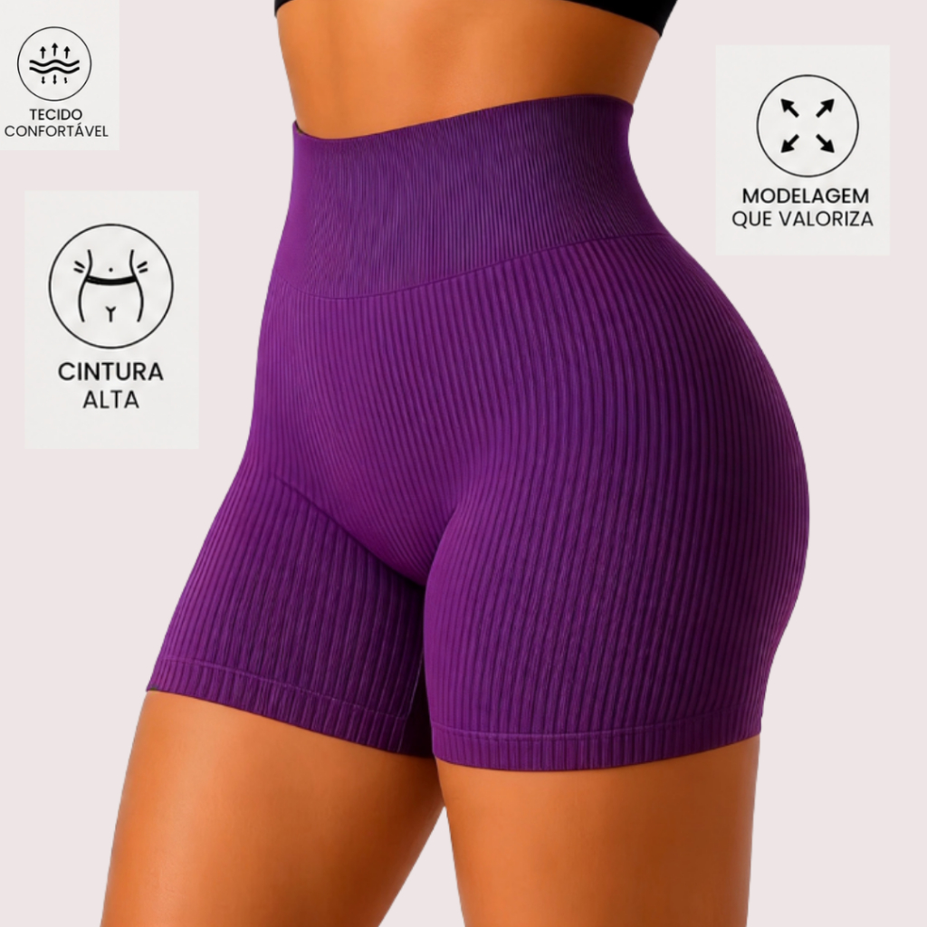 Short Fitness Feminino Canelado Academia Poliamida Premium Cintura Alta Zero Transparência Treino Ginástica e Esportes