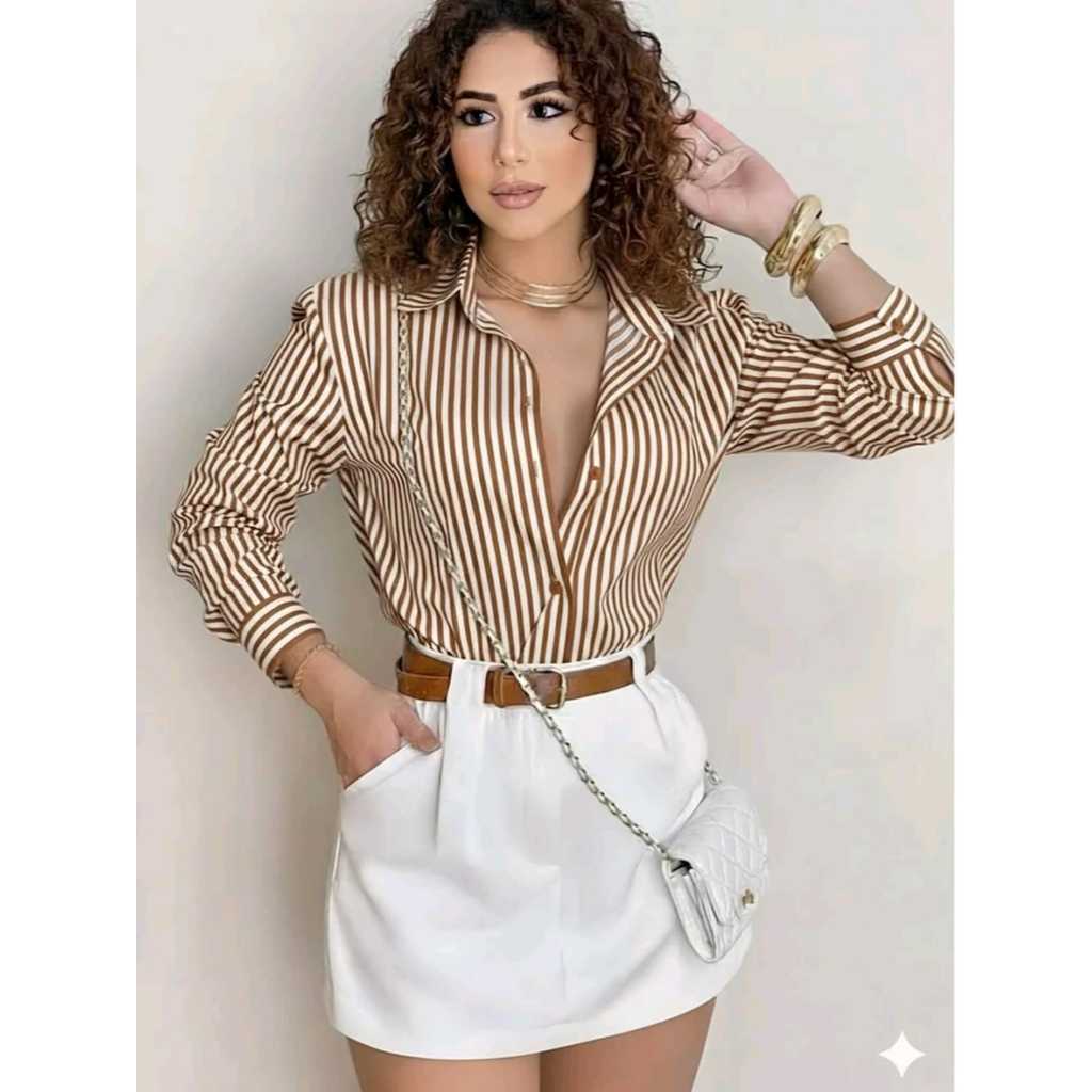 camisa feminina listrada e liso manga longa com botão tendencia 2026