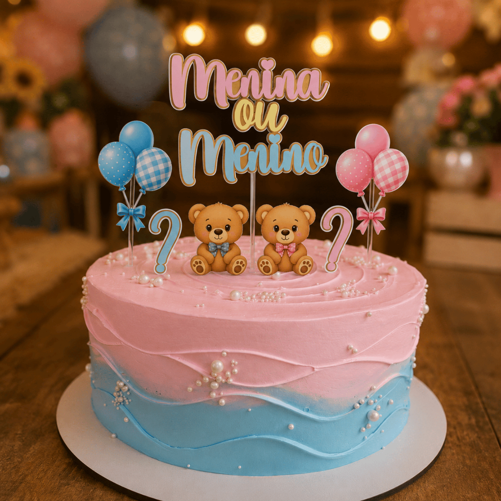 Topo de Bolo Chá Revelação Ursinhos – Menina ou Menino? – Decoração Delicada Papelaria