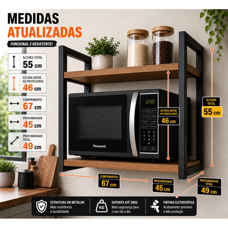 Suporte Micro-ondas e Forno Elétrico Industrial 67cm Metallon 20x20 com Prateleira MDF