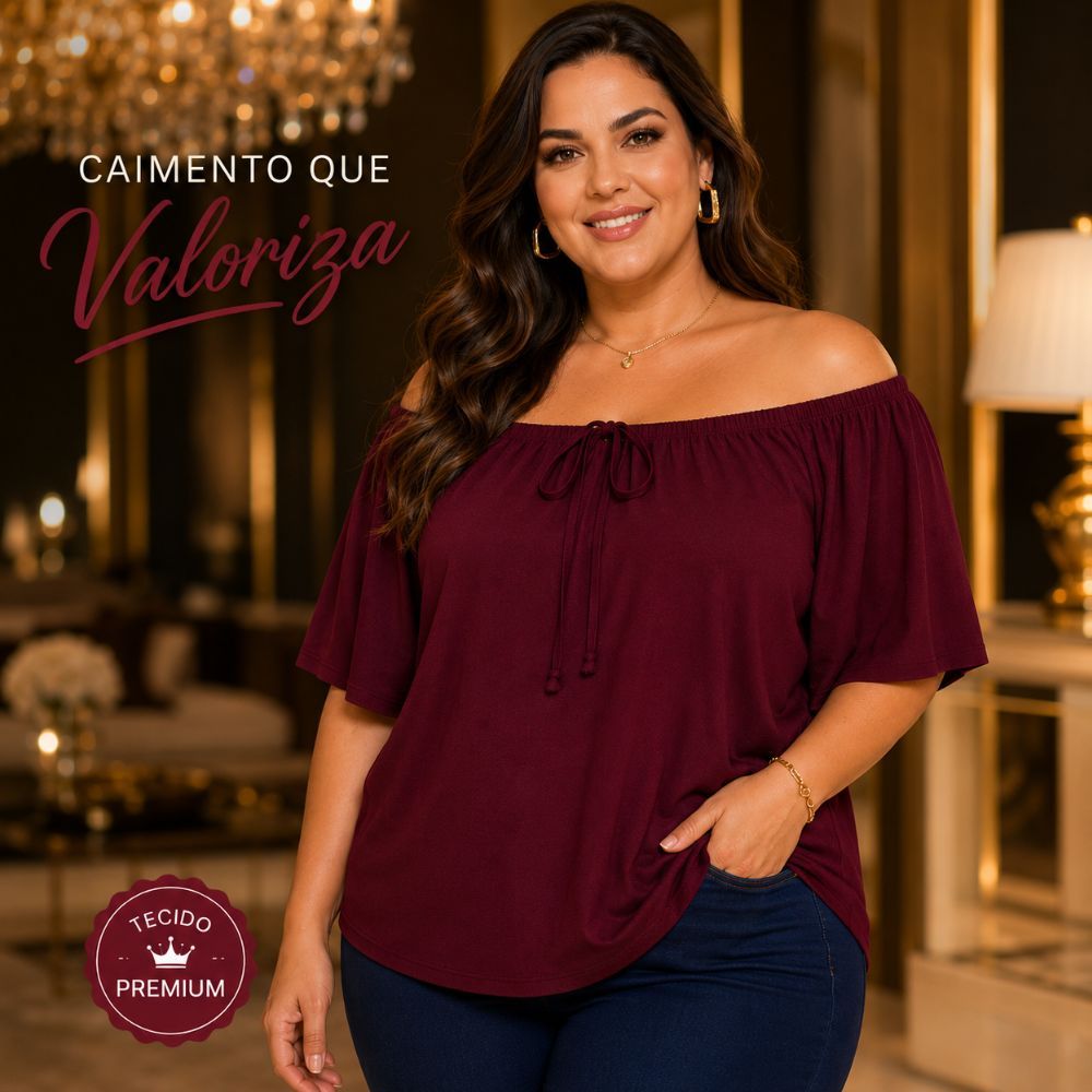 Blusa Plus Size Ciganinha Lisa Ombro a Ombro Confortável
