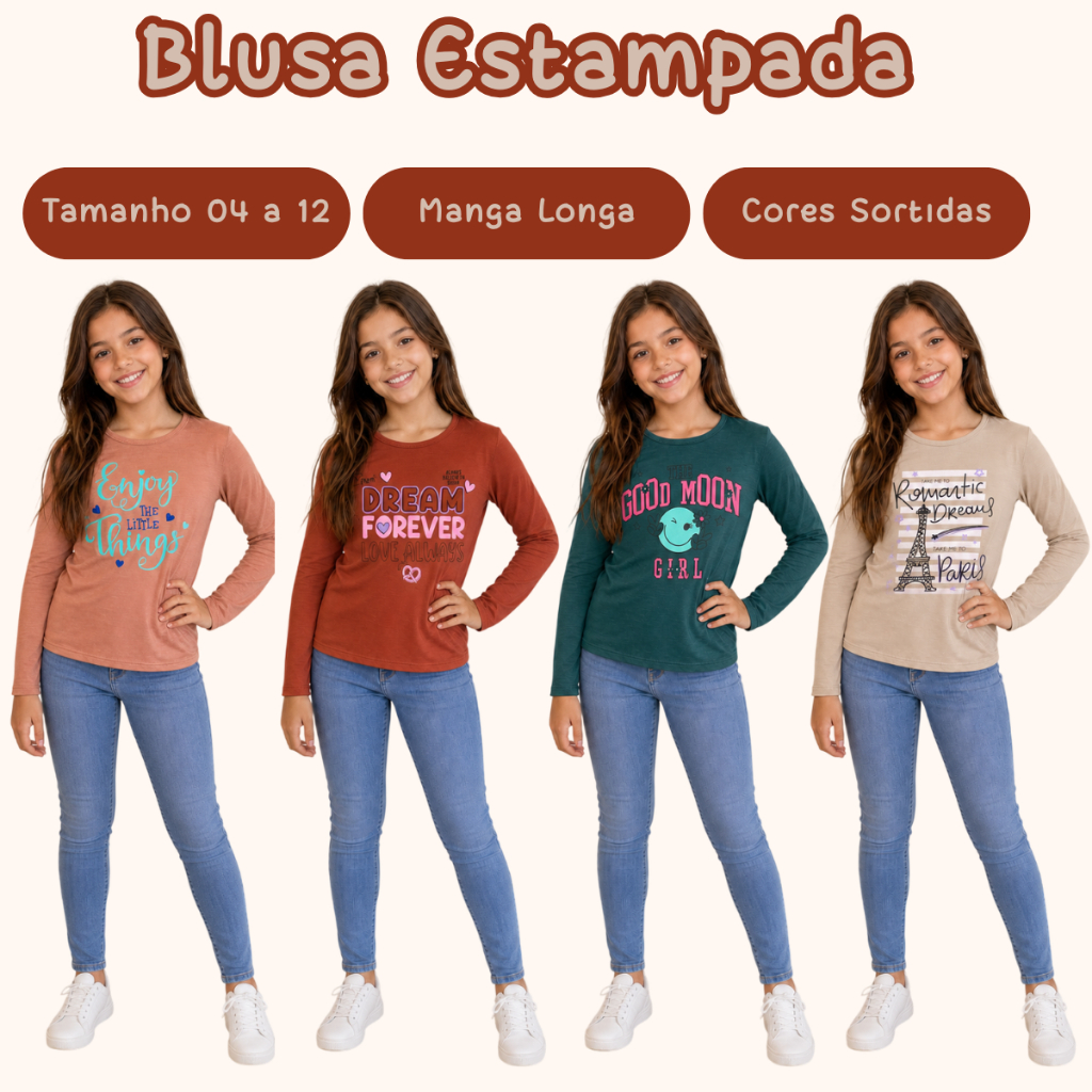 Blusa Infantil Feminina Estampada Menina Avulsa Kit 2 ou 3 Blusas Sortidas 4 ao 12 Anos