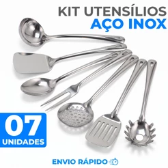 Kit Utensílios Cozinha Inox 7 Peças Concha Espátula Escumadeira Pegador Colher Garfo Polibrinq