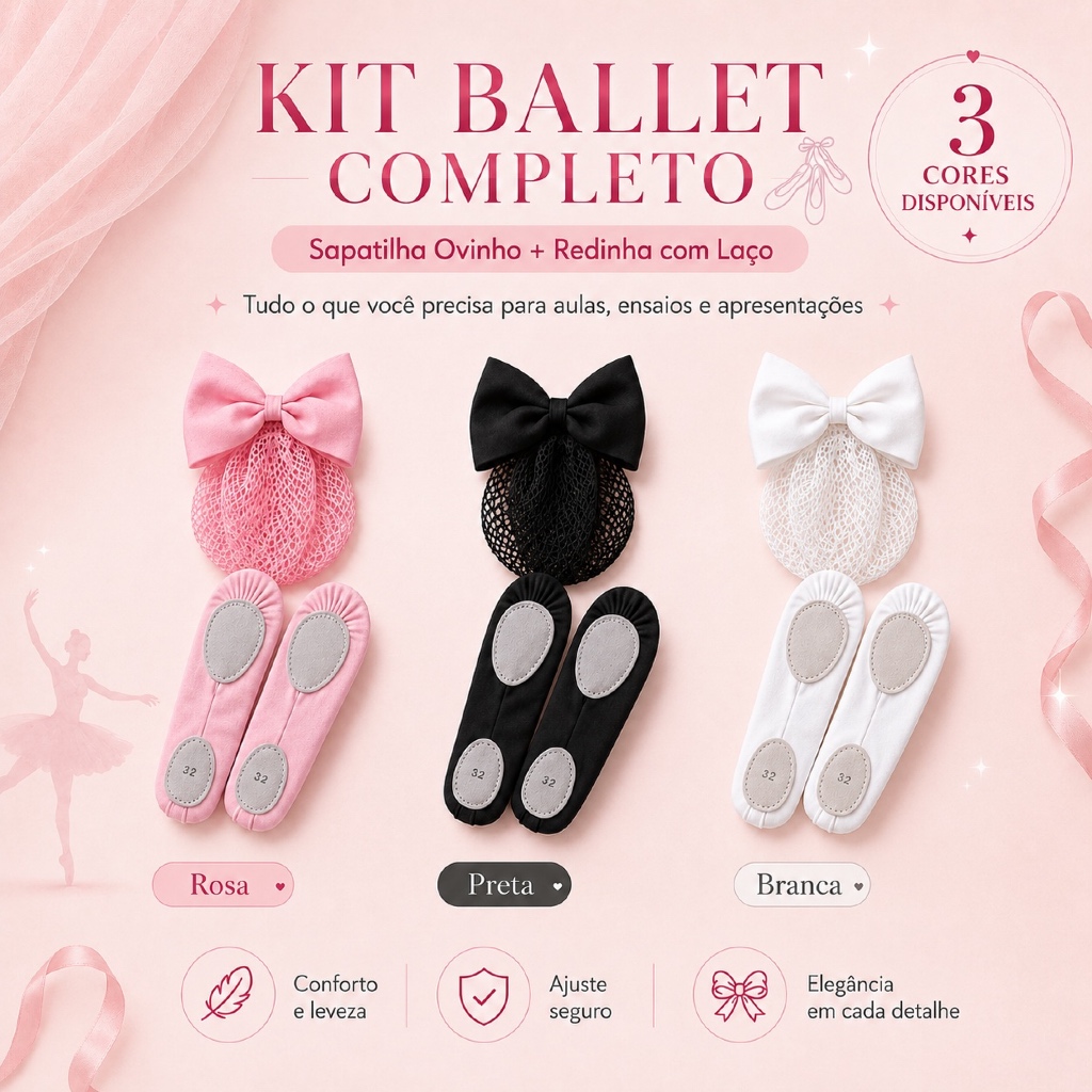 Kit Sapatilha Ovinho Ballet mais Redinha para Coque com Laço Balé Jazz Adulto Infantil Aulas Dança