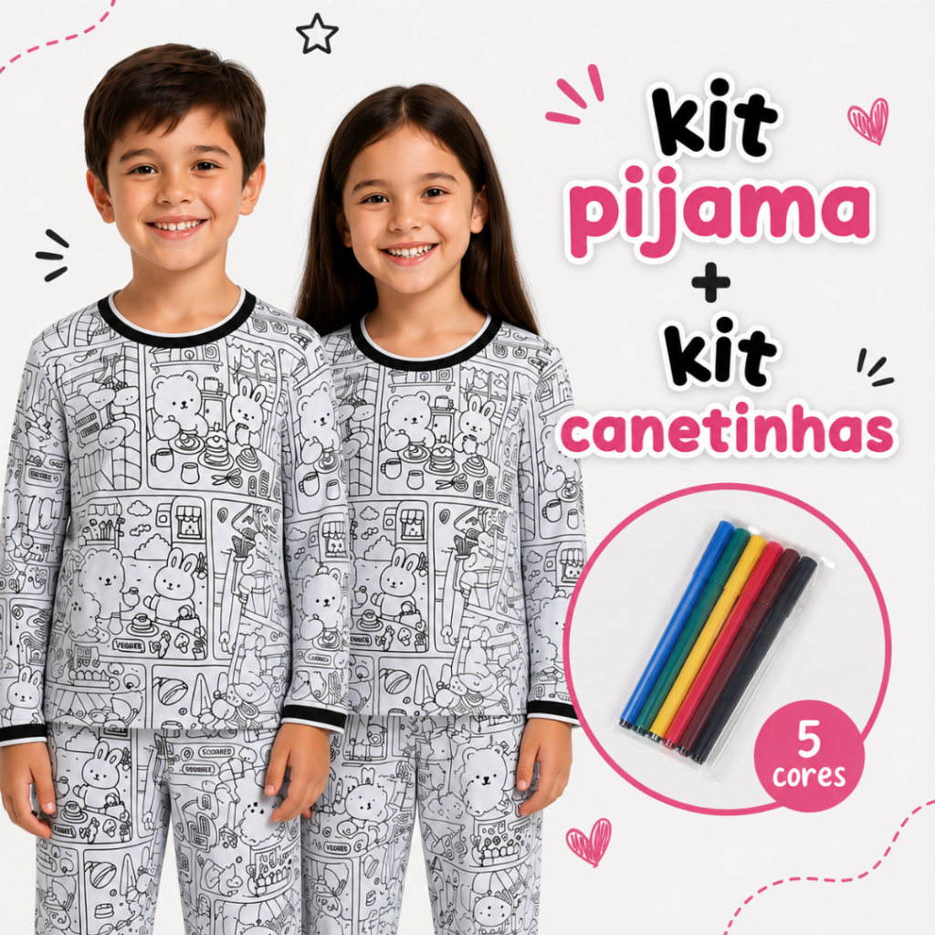 Kit 1 Pijama Infantil Longo para Colorir + 1 Kit Canetinhas