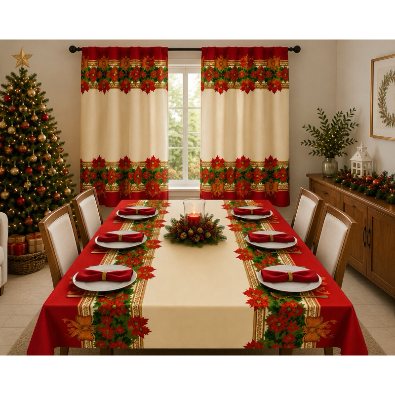 Toalha de Mesa Natal + Cortina Natal 4 6 8 lugares Retamgular