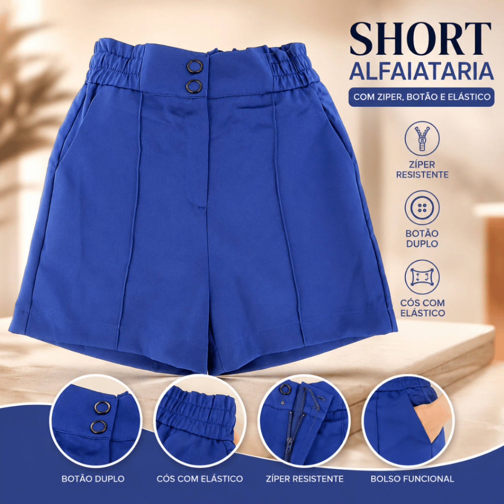 Short Feminino Alfaiataria Cintura Alta com Zíper e Botão Duplo | Social Elegante com Elástico nas Costas e Bolso