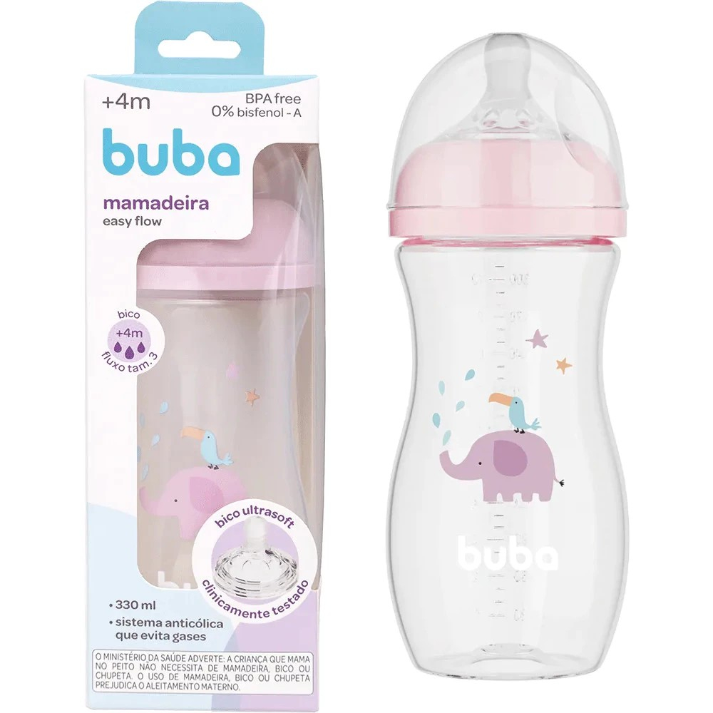 Mamadeira Easy Flow Elefante ROSA 330ml +4 MESES Anticólica Buba Cor Rosa