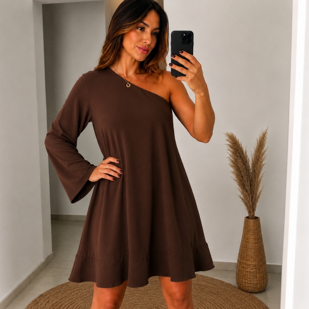 Vestido Feminino Assimétrico Ombro Único Tendência Confortável