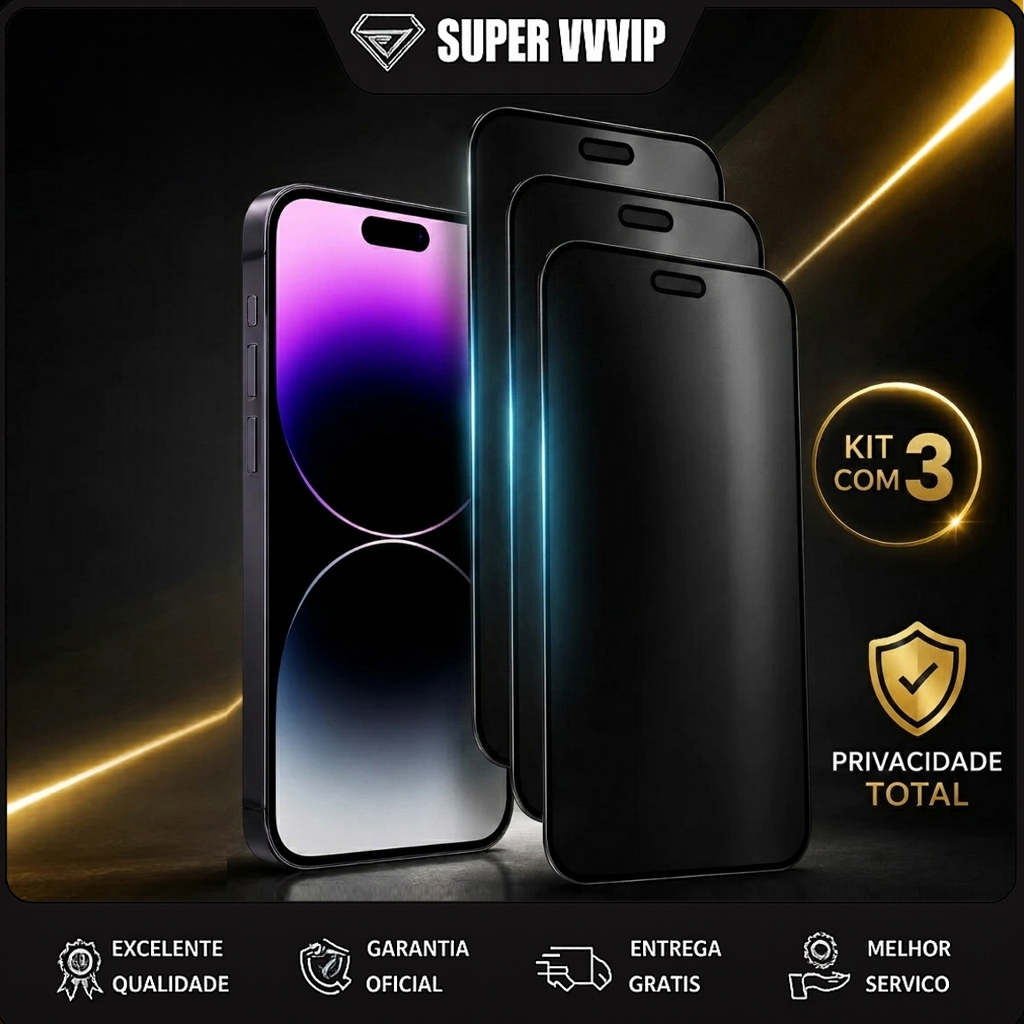 Kit 3 Vidro Temperado Antiespia 3D para iPhone X / XR / 11 / 12 / 13 / 14 / 15 / 16 / 17 Pro Max