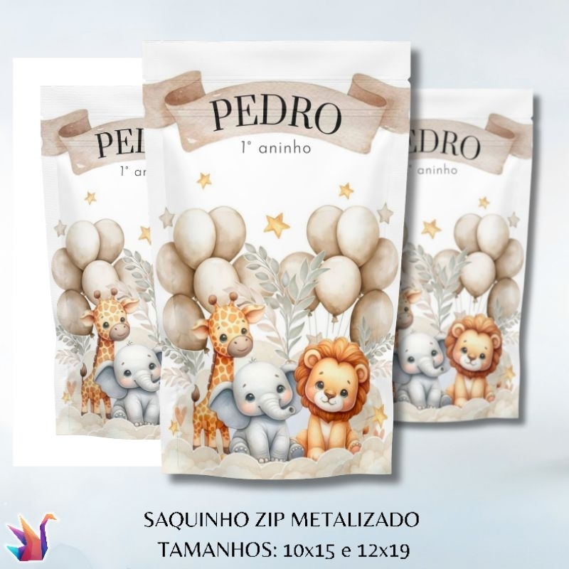 Saquinho Zip Safari Baby 10x15 Personalizado • Lembrancinha • Festa Infantil • Maternidade • Chá de Bebê