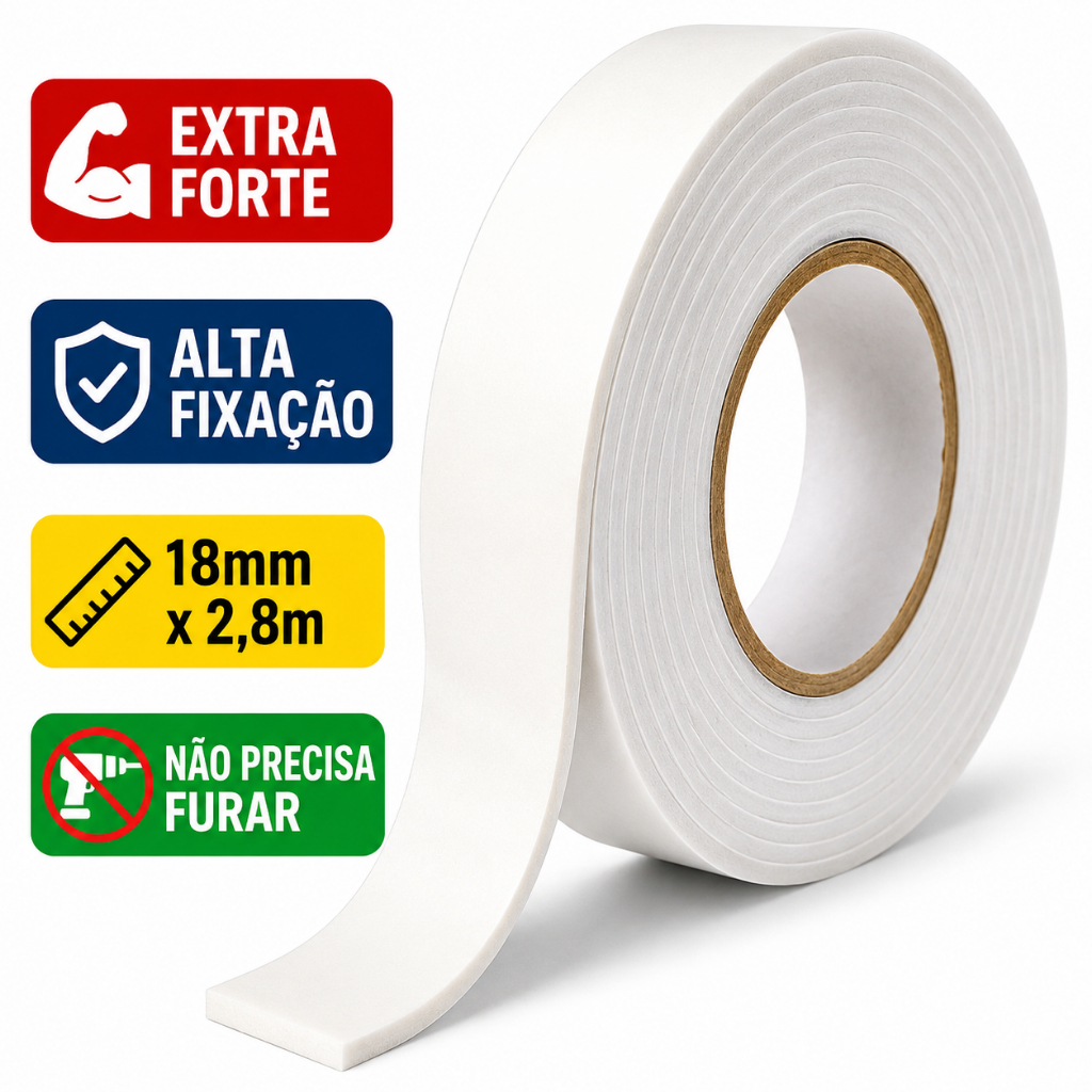 Fita Dupla Face Banana Espuma Extra Forte Alta Fixação 18mm x 2,8m Para Espelho Quadro MDF Vidro