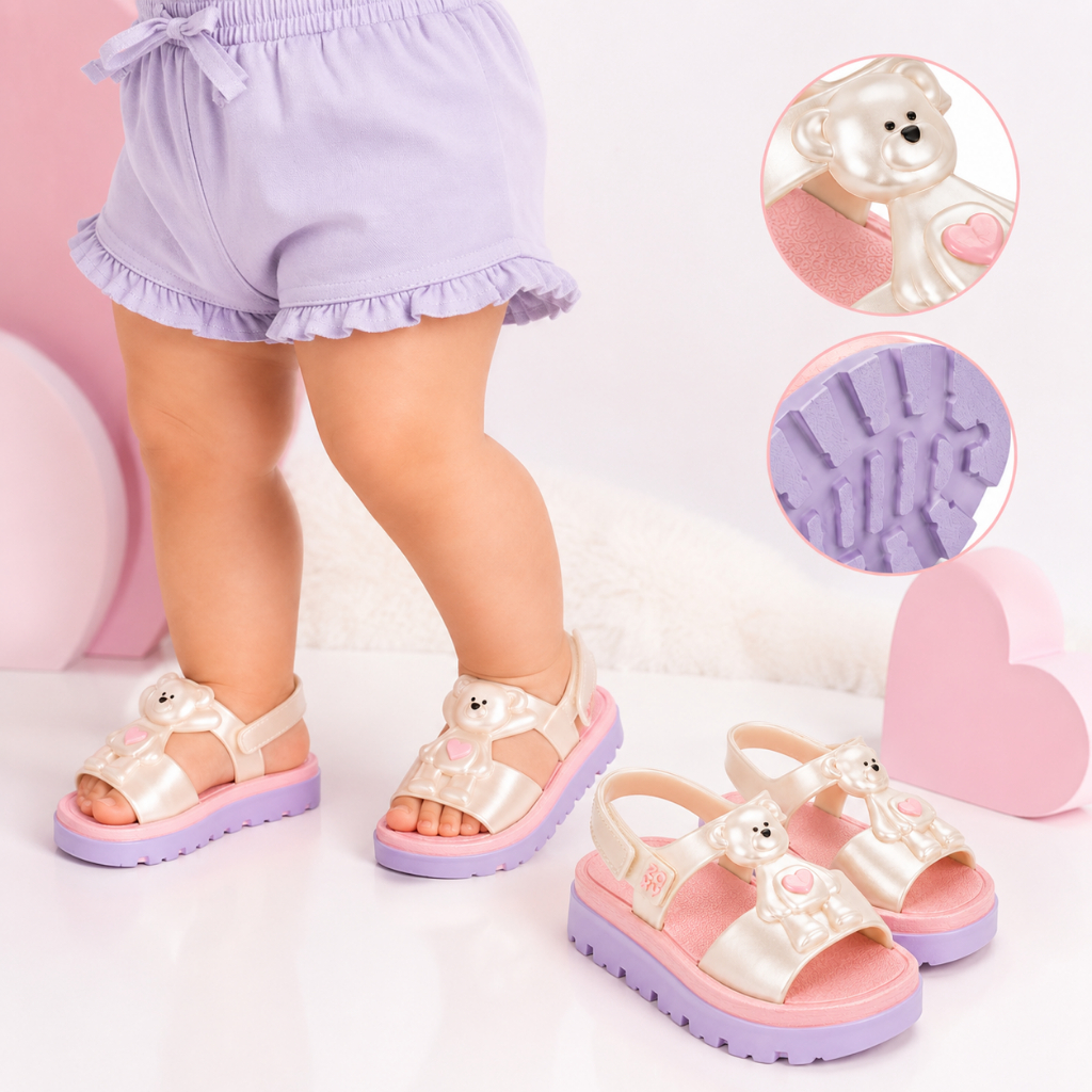 Sandália Baby Menina Zaxynina Ursinho Infantil Confortável Bebê Feminina