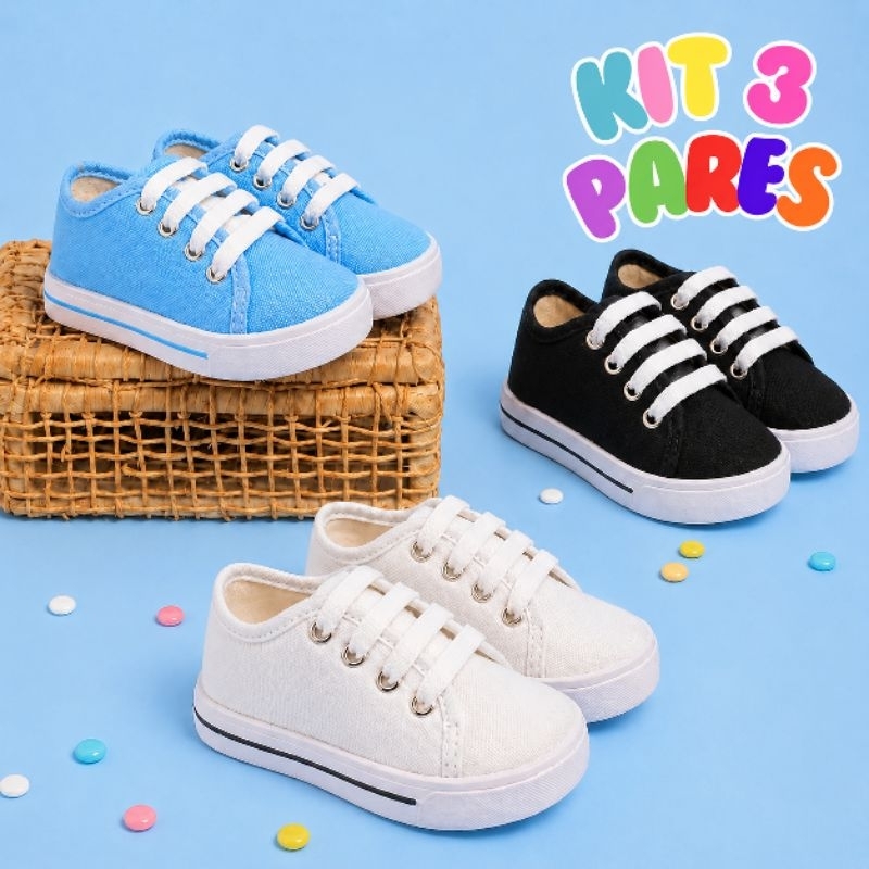 Kit 3 Pares Tênis Infantil Menino Menina Básico Casual Dia a Dia Escolar Confortável Primeiros Passos