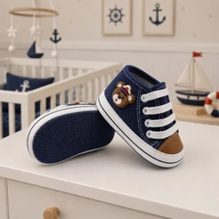 Tênis de Bebê Sapatinho Recém Nascido Masculino Marinheiro Jeans e Âncora Branco Sola Tecido Macio Confortável Seguro