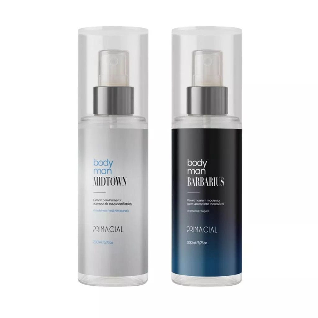 KIT 02 BODY SPLASH MASCULINO BARBARIUS E MIDTOWN 200ML - PRIMACIAL PERFUME FRESCO AMADEIRADO