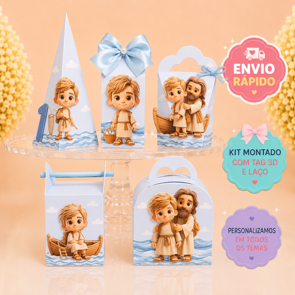 KIT FESTA TU ÉS PEDRO, LEMBRANCINHAS, DISCIPULO AMADO PEDRO, CAIXINHAS 3D E LAÇO