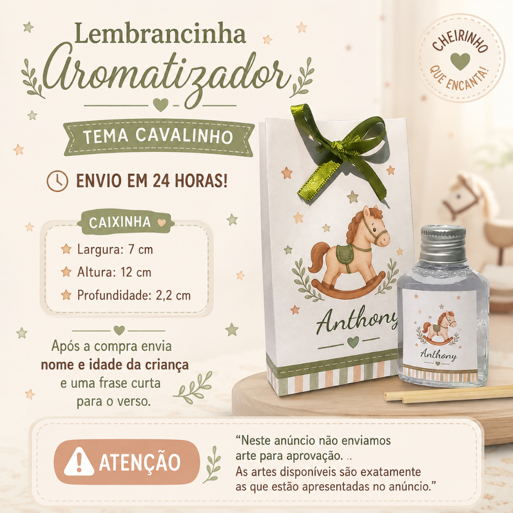 Kit Lembrancinha Aromatizador Personalizado 35ml Tema Cavalinho Caixinha Cha de Bebe Maternidade Aniversario Menino