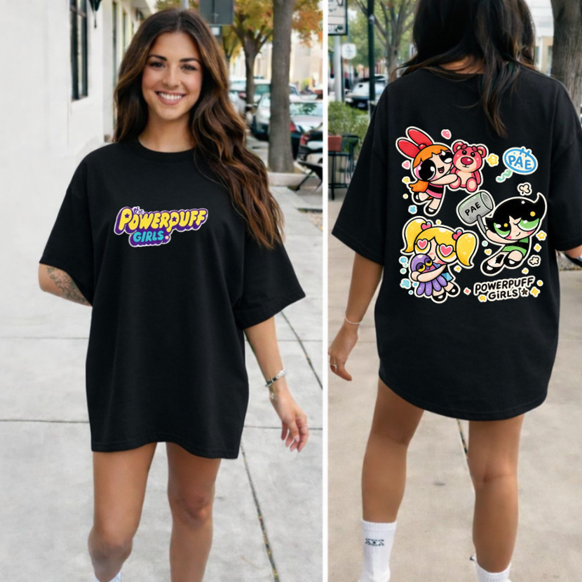 Camiseta Oversized Feminina 100% Algodão PowerPuff Poderosas Fofo Treino Academia Musculação Fit