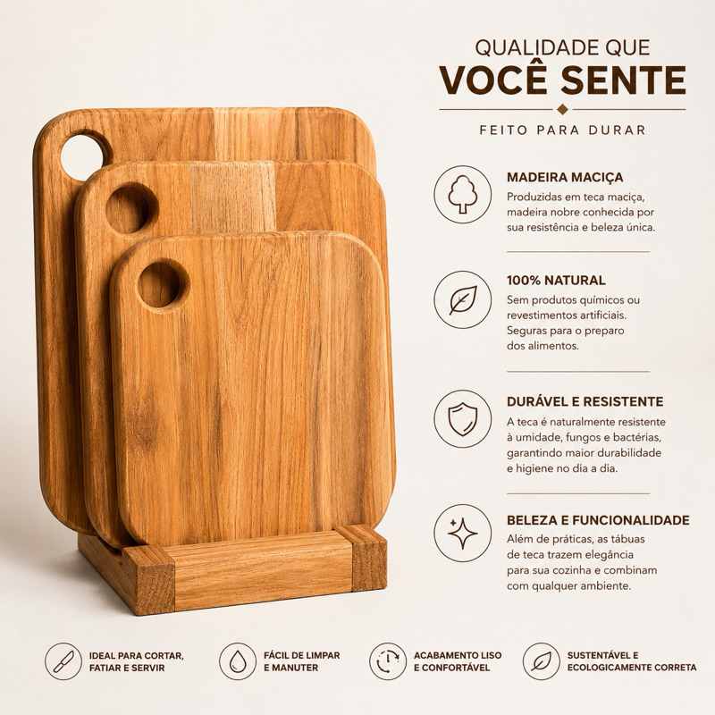Kit 3 Tábuas de Carne Madeira Teca com Suporte | Tábua de Churrasco | Tábua de Corte | Cozinha | Área Gourmet — imagem 2 de 2